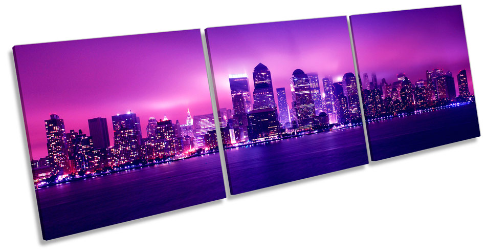 New York City Skyline Night Pink Purple Print CANVAS WALL ART Triple Picture - Picture 1 of 1