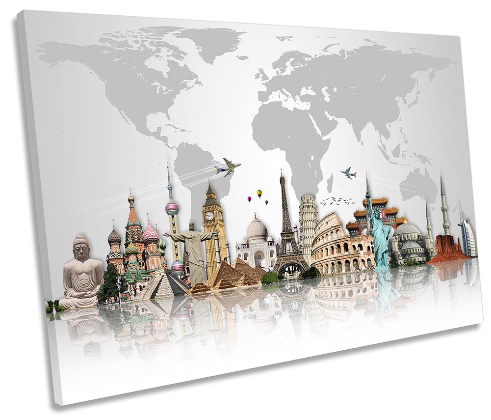 famous landmarks world map framed single canvas print wall art ebay