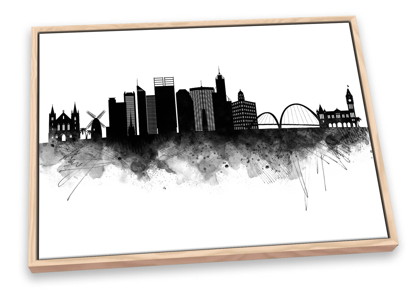 Perth Abstract City Skyline Black CANVAS FLOATER FRAME Wall Art