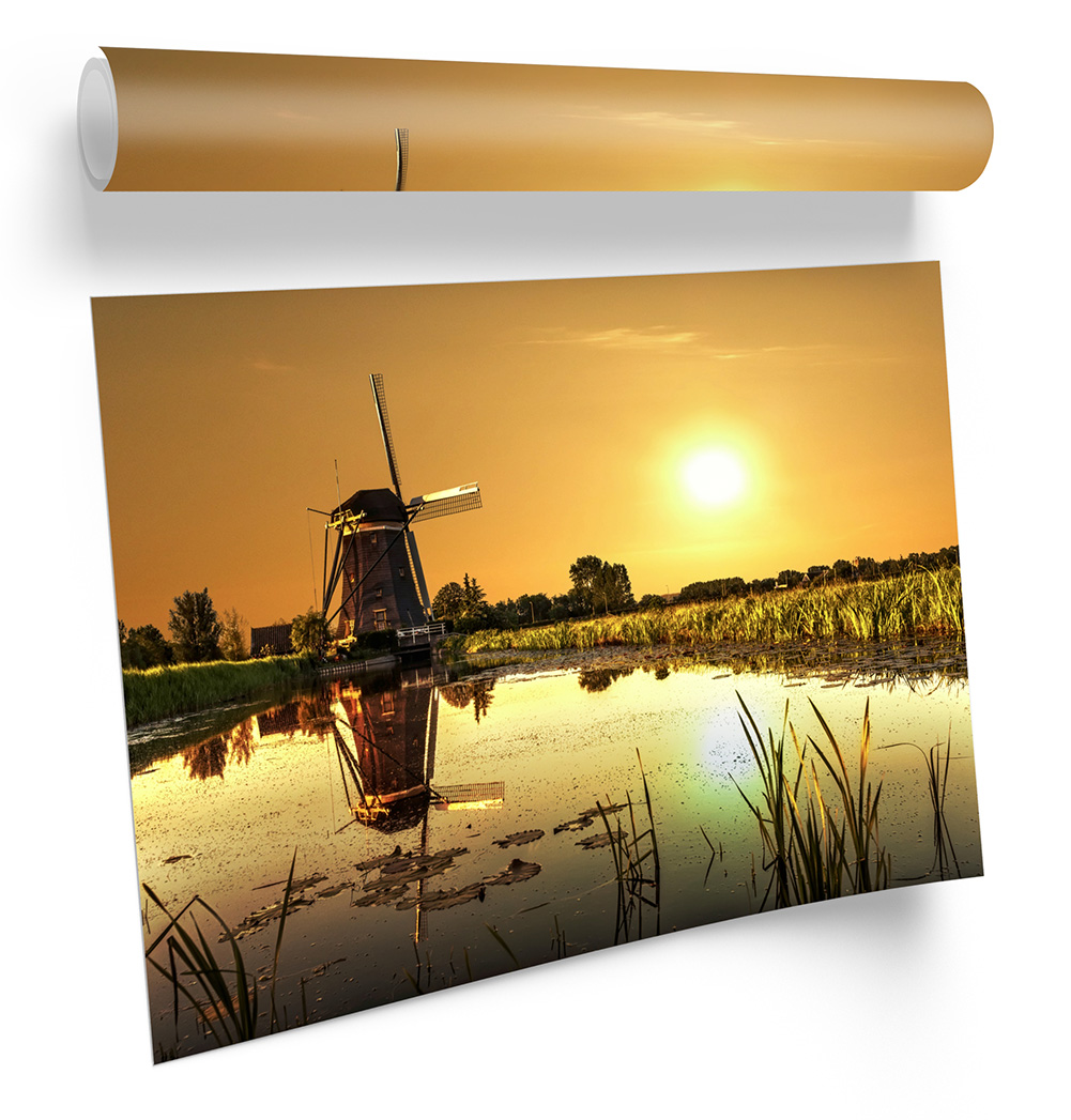 Sunset Windmill Landscape Orange FRAMED ART PRINT Picture Poster Artwork