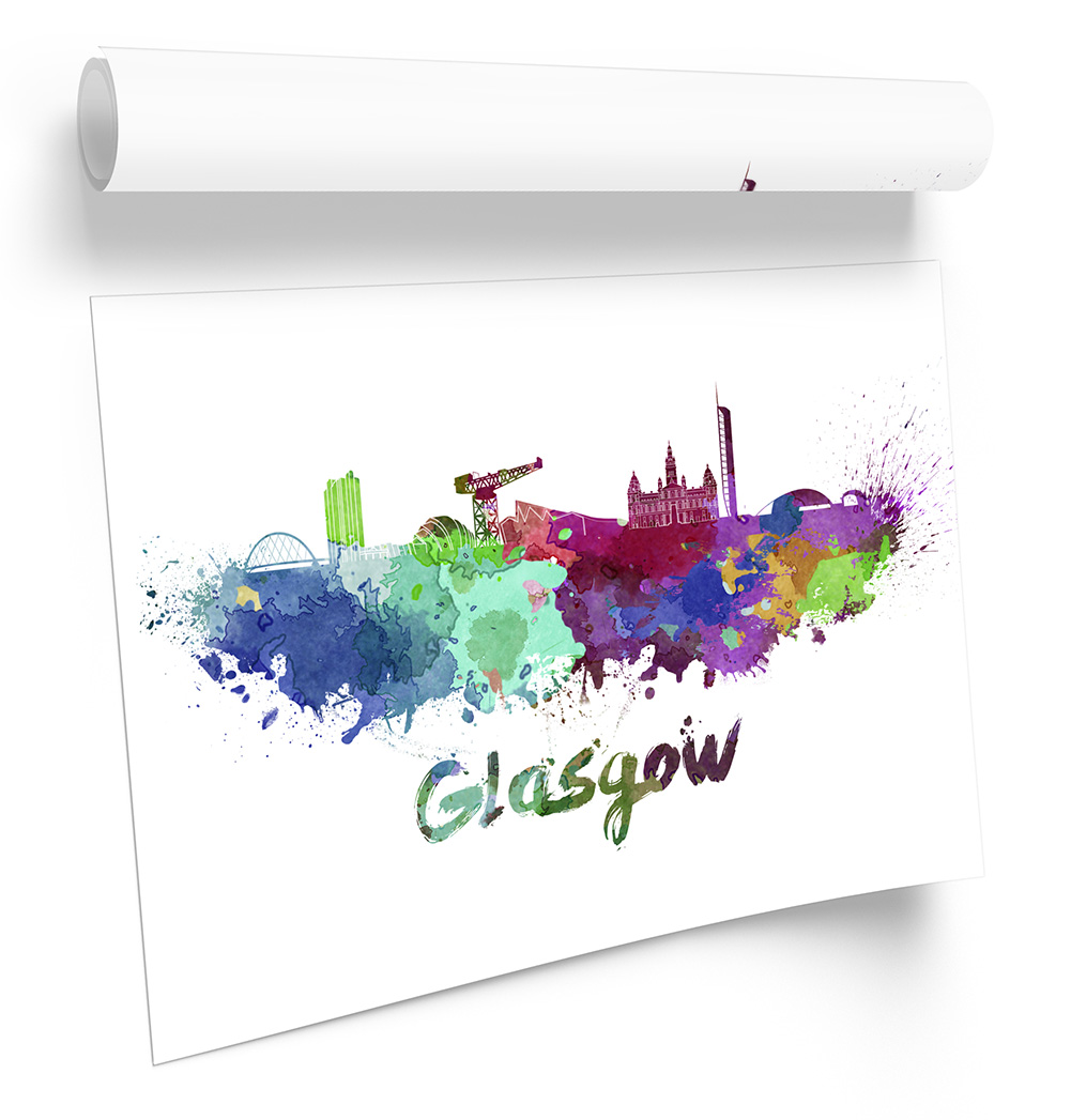 Glasgow Watercolour Skyline White FRAMED ART PRINT Picture Poster Artwork