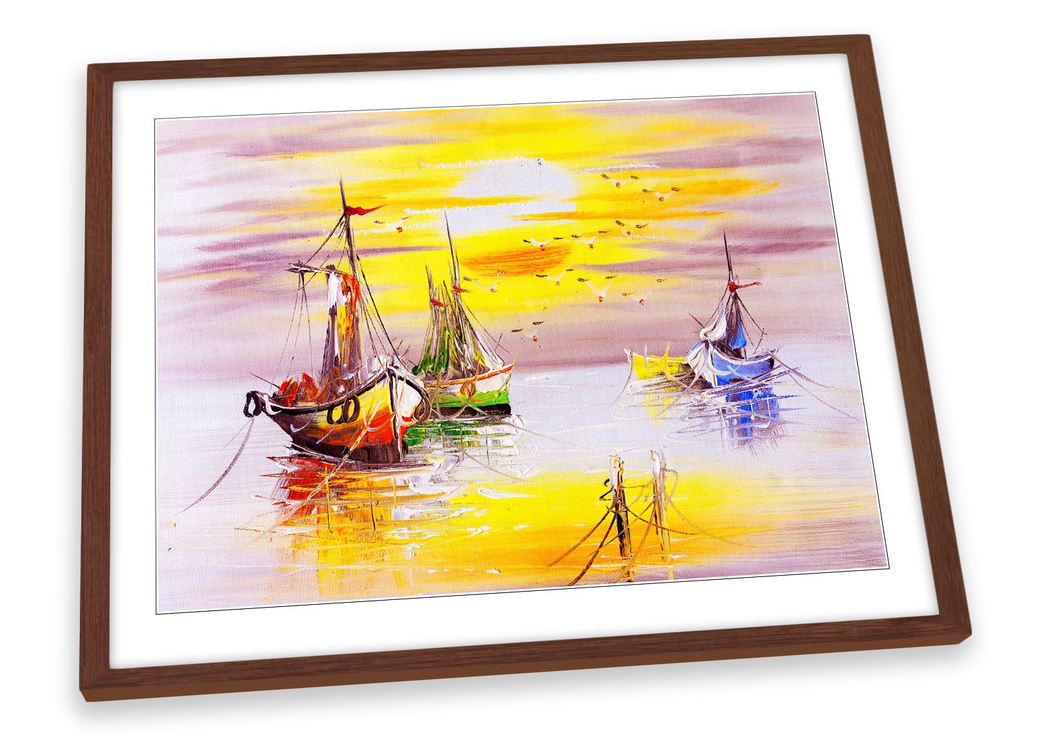 Fishing Boats Sunset Yellow FRAMED ART PRINT Picture Poster Artwork