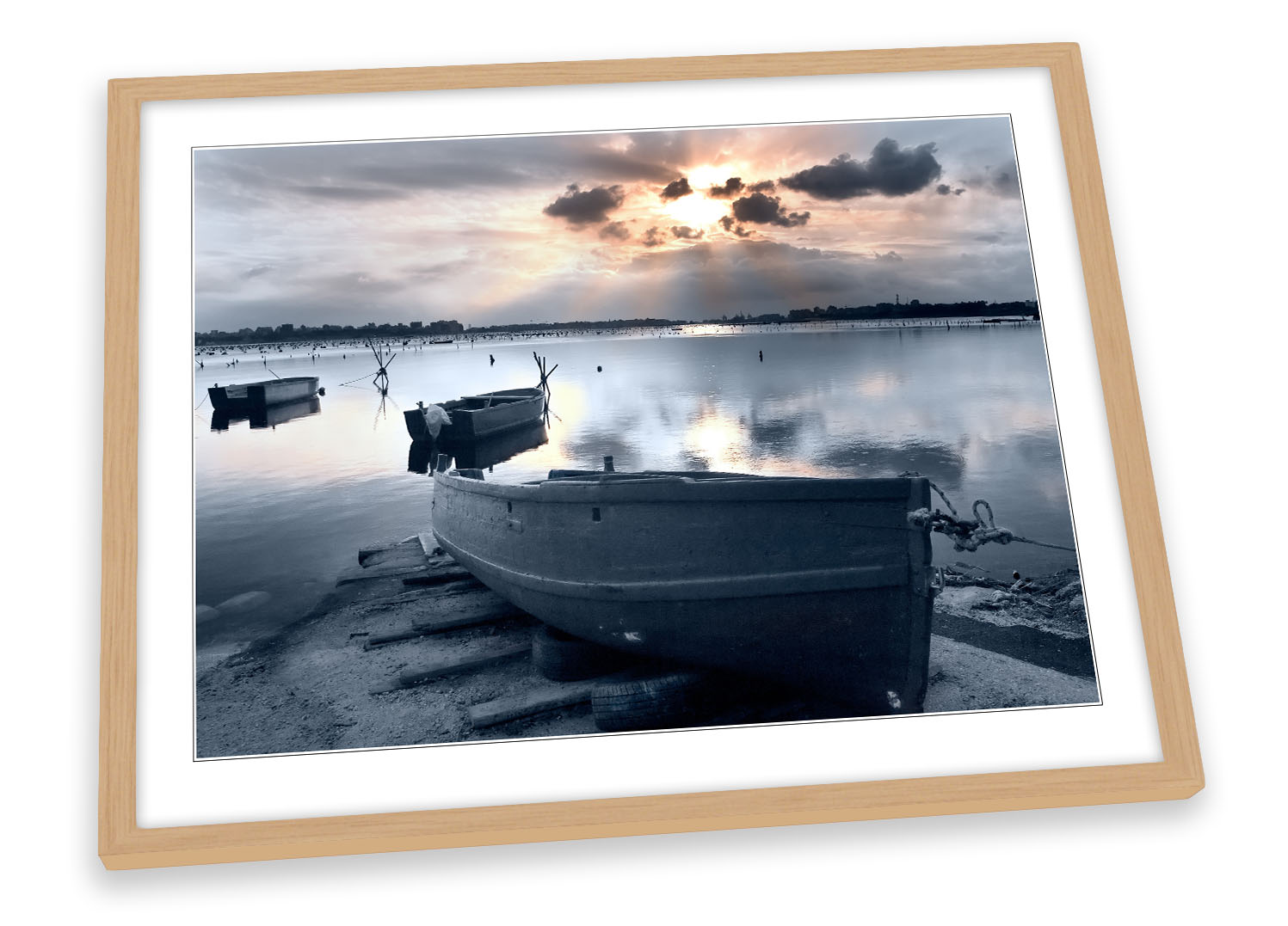 Quadro poster opera d'arte con cornice Morning Sunrise Boat Lake - Foto 3 di 5