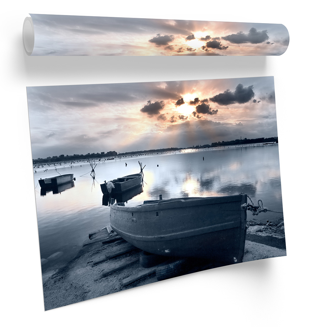 Quadro poster opera d'arte con cornice Morning Sunrise Boat Lake - Foto 5 di 5