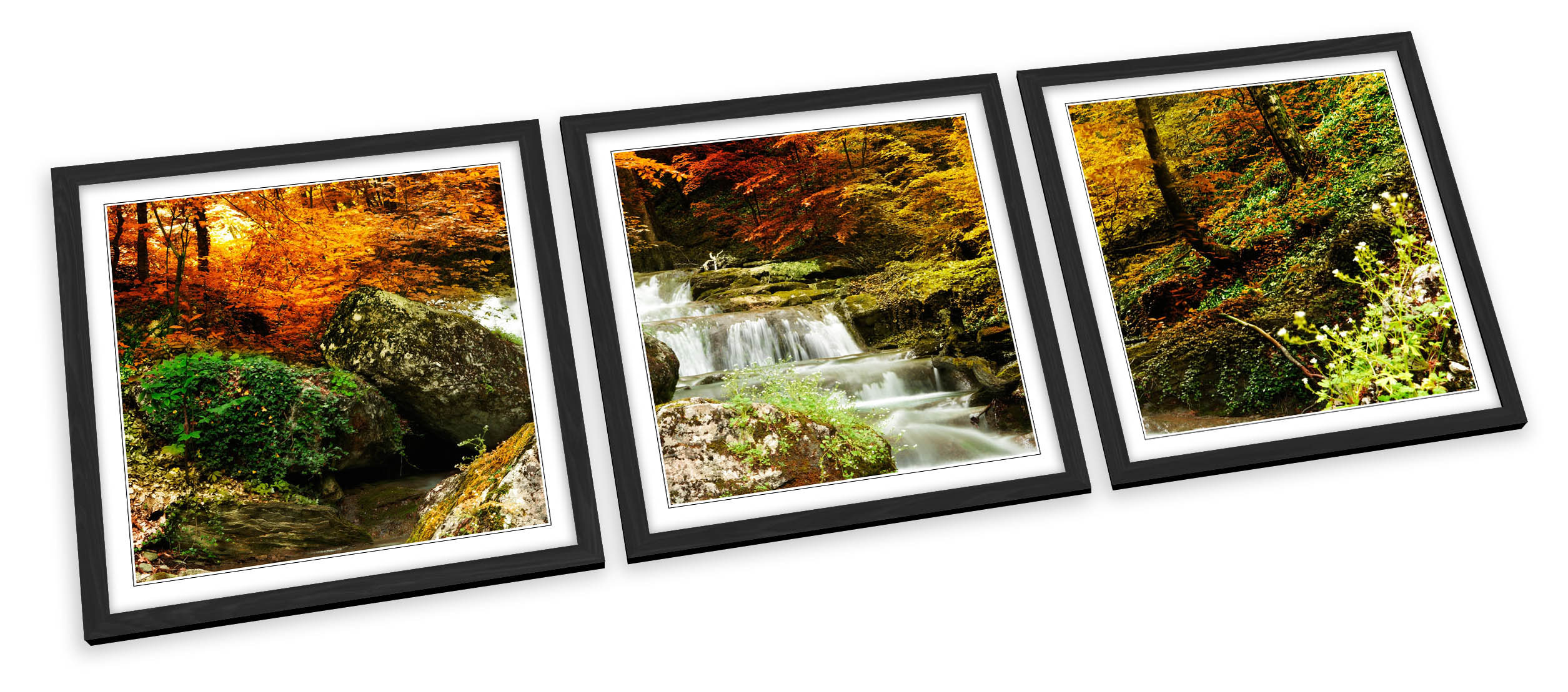 Otoño Bosque Paisaje Cascada JUEGO DE IMPRESIONES ARTÍSTICAS ENMARCADAS Póster Cuadrado de Imagen - Imagen 2 de 5