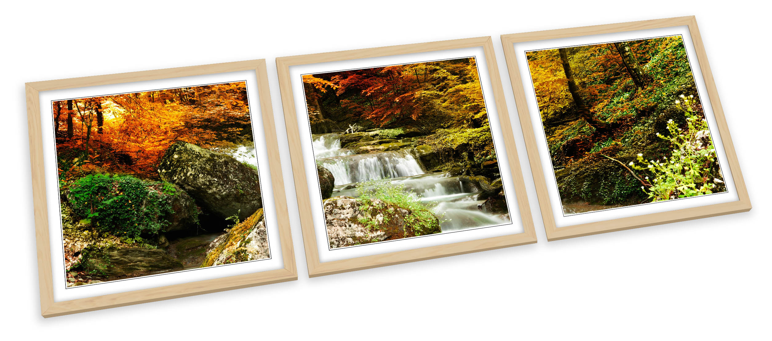 Otoño Bosque Paisaje Cascada JUEGO DE IMPRESIONES ARTÍSTICAS ENMARCADAS Póster Cuadrado de Imagen - Imagen 3 de 5