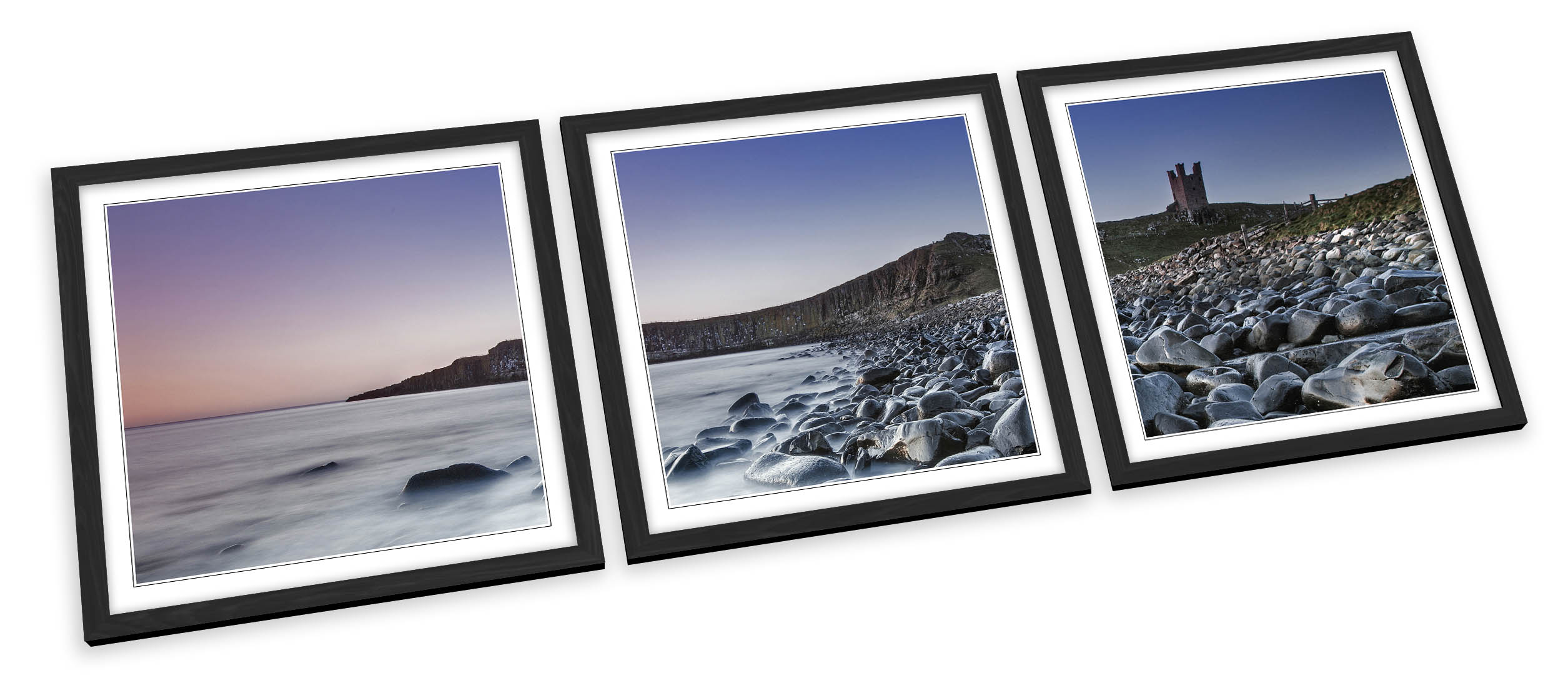 Dunstanbrugh Castle Szene Sonnenuntergang GERAHMTE KUNSTDRUCKE SET Bild Poster Quadrat - Bild 2 von 5