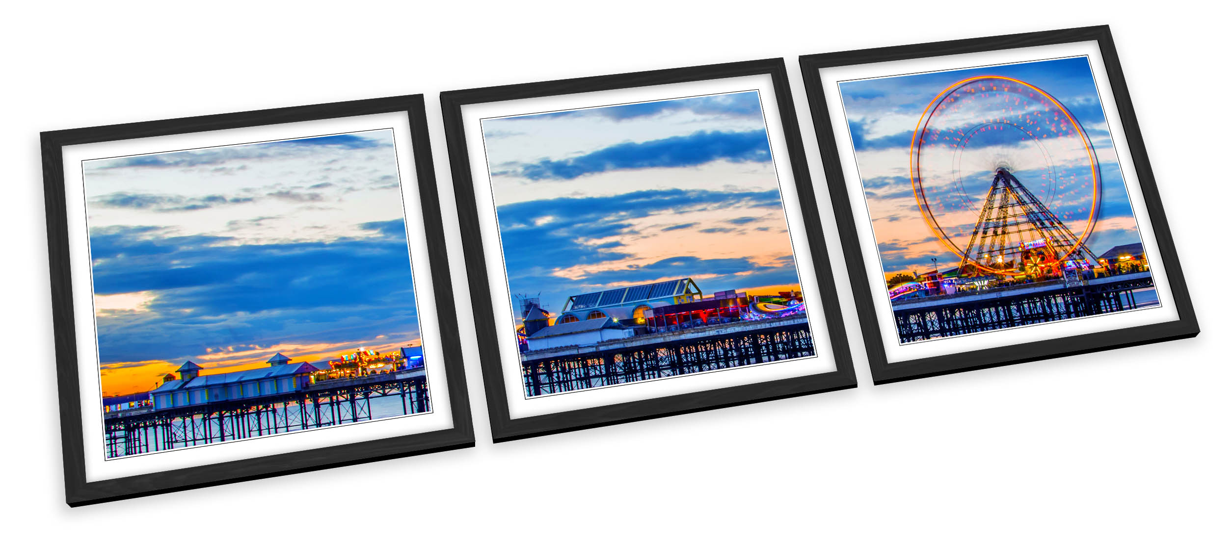 Blackpool Pier Beach Sunset Blue FRAMED ART PRINTS SET Picture Poster Square - Picture 2 of 5