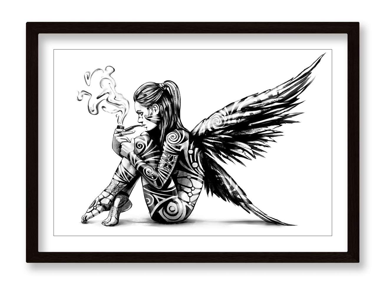 TATTOO ANGEL WINGS Smoking Black & White Framed Wall Artwork Picture